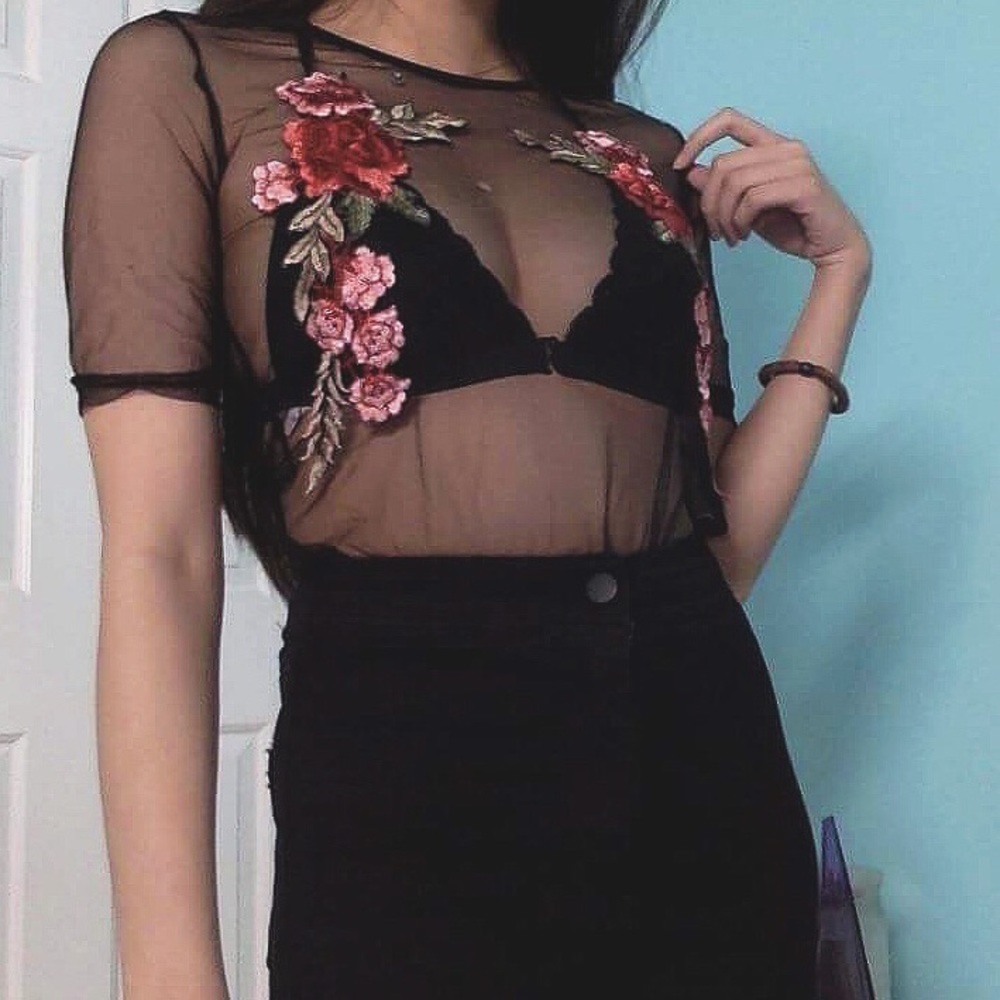 Sheer Black Top with Embroidered Flowers